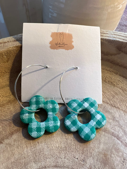 Teal gingham flower hoops